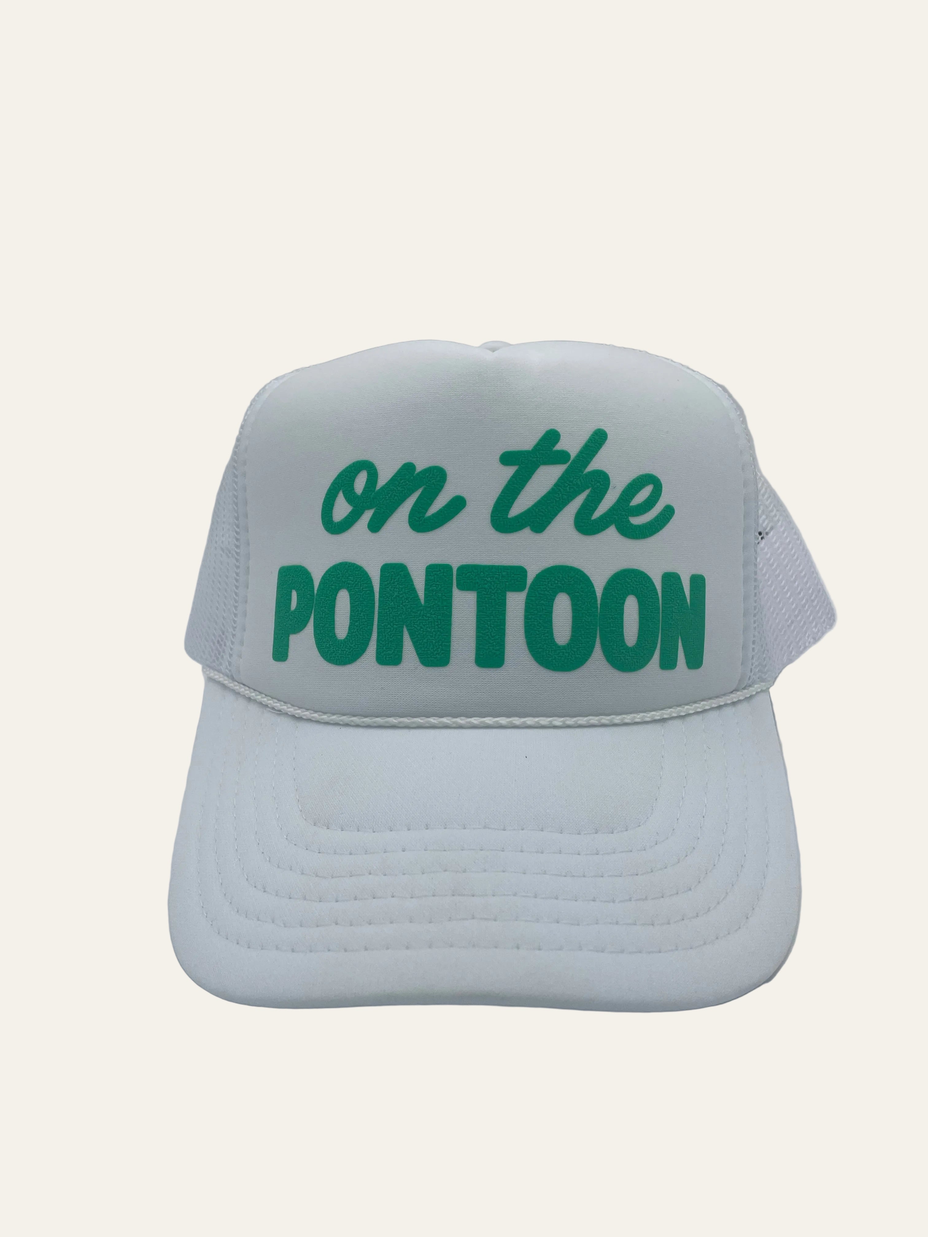 ON THE PONTOON - White Cap with Green Writing
