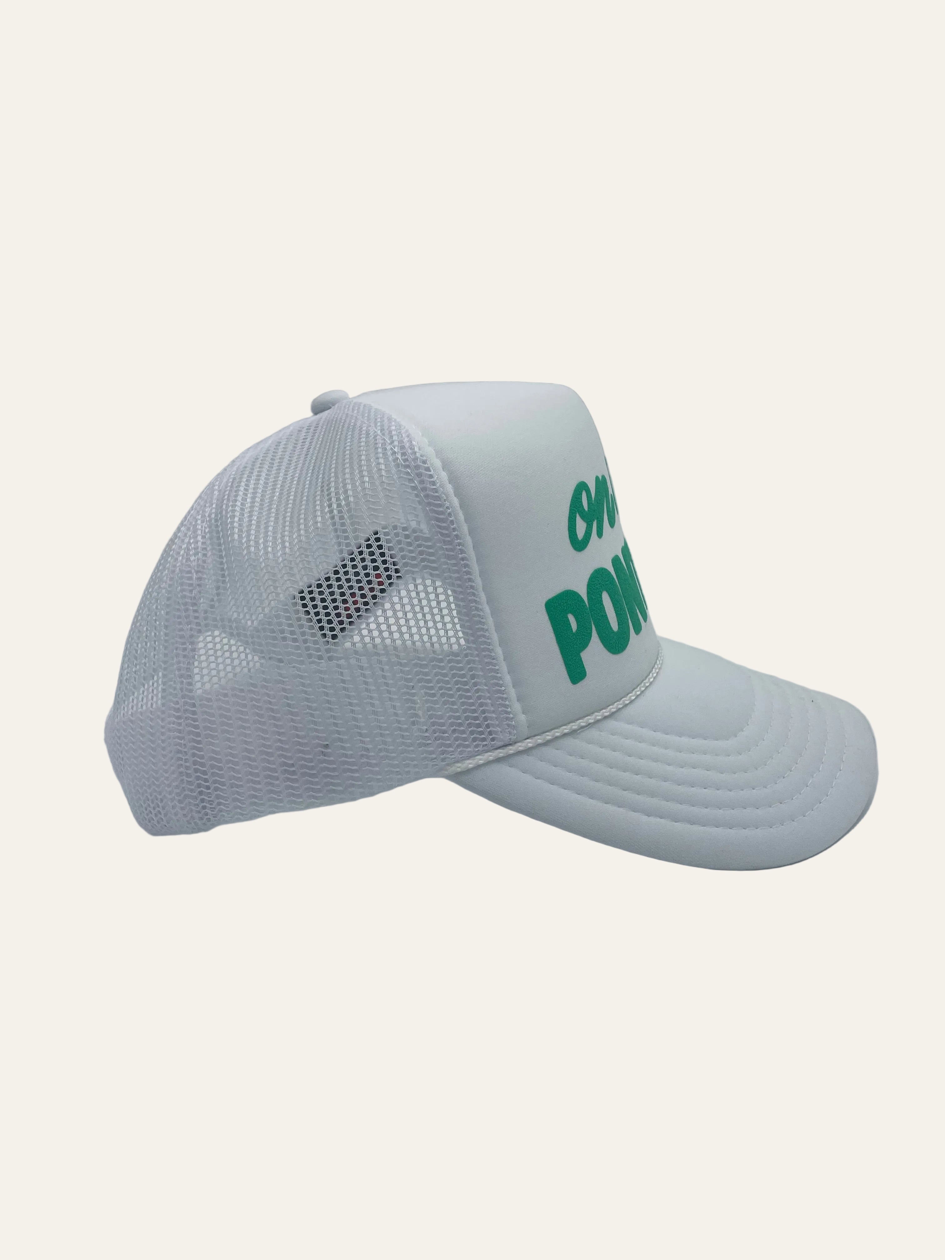 ON THE PONTOON - White Cap with Green Writing