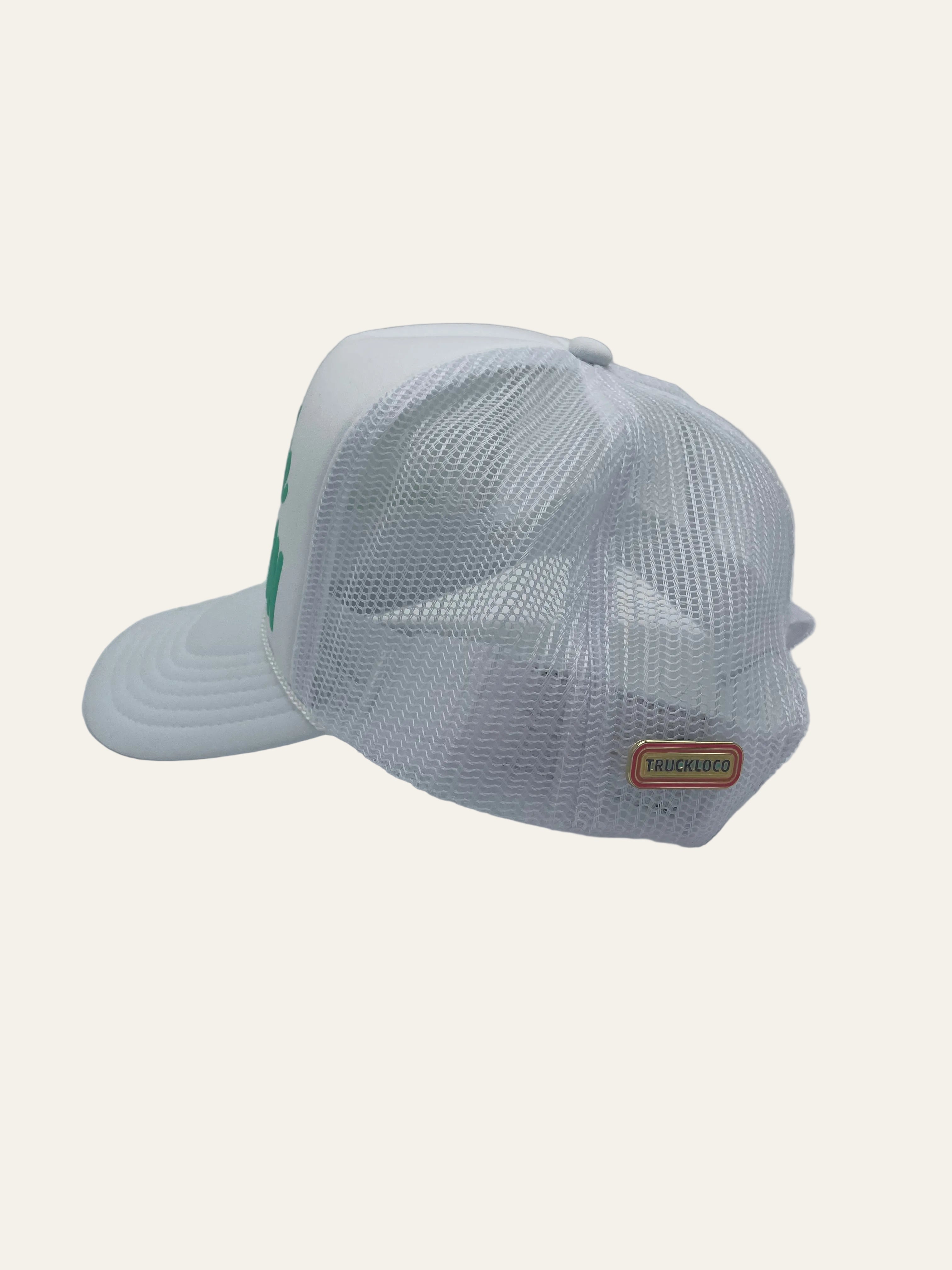 ON THE PONTOON - White Cap with Green Writing