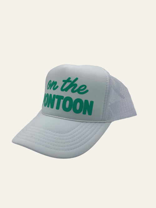 ON THE PONTOON - White Cap with Green Writing